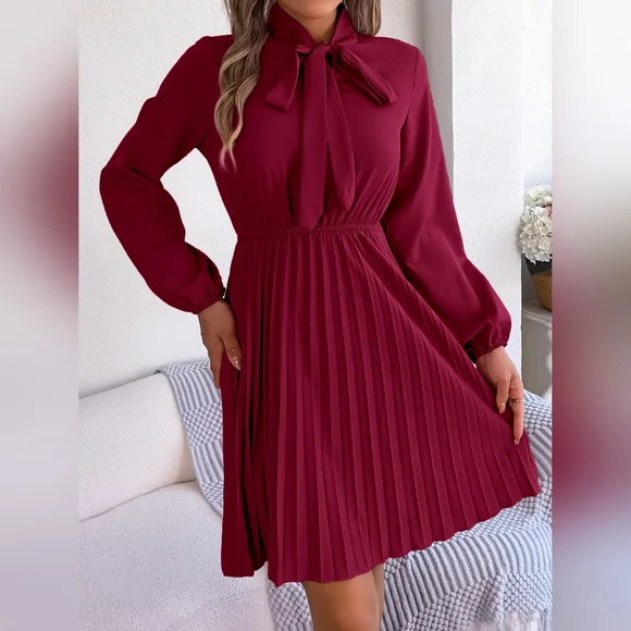 Women's Wine Tie Neck Balloon Sleeve Pleated Dress - Picture 3 of 4